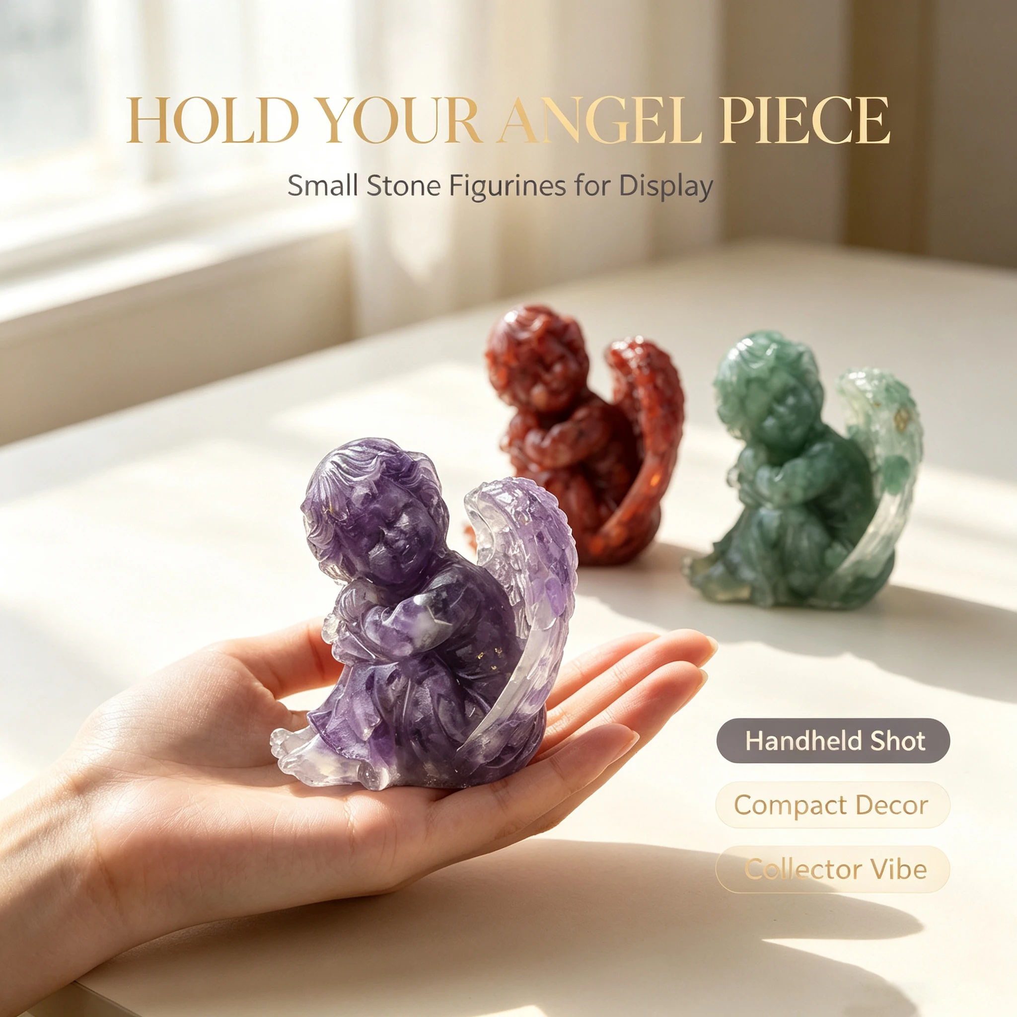 1pc Crystal Angel Figurine, Hand Carved Natural Stone Cherub Statue, Resin Crafts, Cute Angel Sculpture for Desktop Shelf Decor view 3