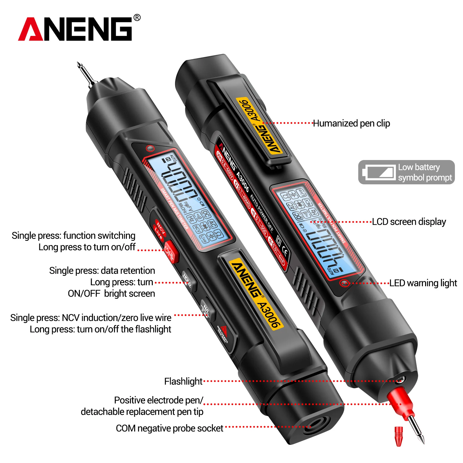 ANENG A3006 Pen Type Digital Multimeter  4000 Counts AC DC Voltage Tester Resistance Capacitance Diode Test Electrician Tools gallery 4