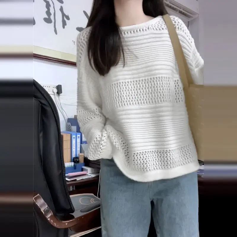 

Casual Style Loose White Openwork Knit Cover Shirt Top
