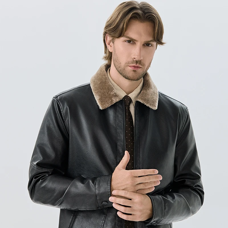 

Men's Premium Faux Fur-Lined Leather Jacket - Black Winter Coat Business Smart Casual Style Thickened Warm Lining