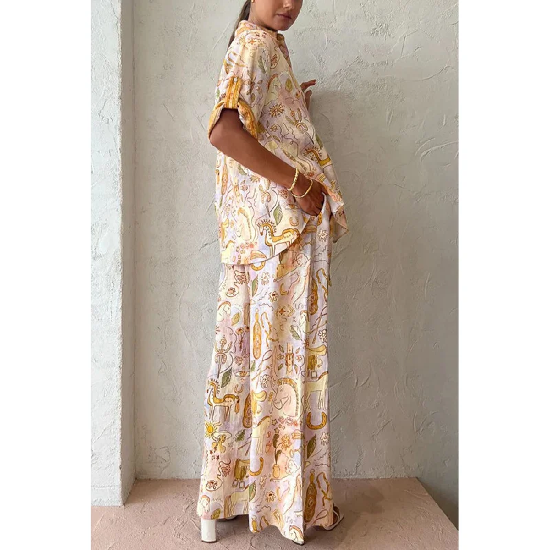 Women Printed Set Half Sleeves Buttons Shirt Blouse Top Pockets Loose Long Pants 2 Pieces Set Lady Spring Summer Casual Outfits