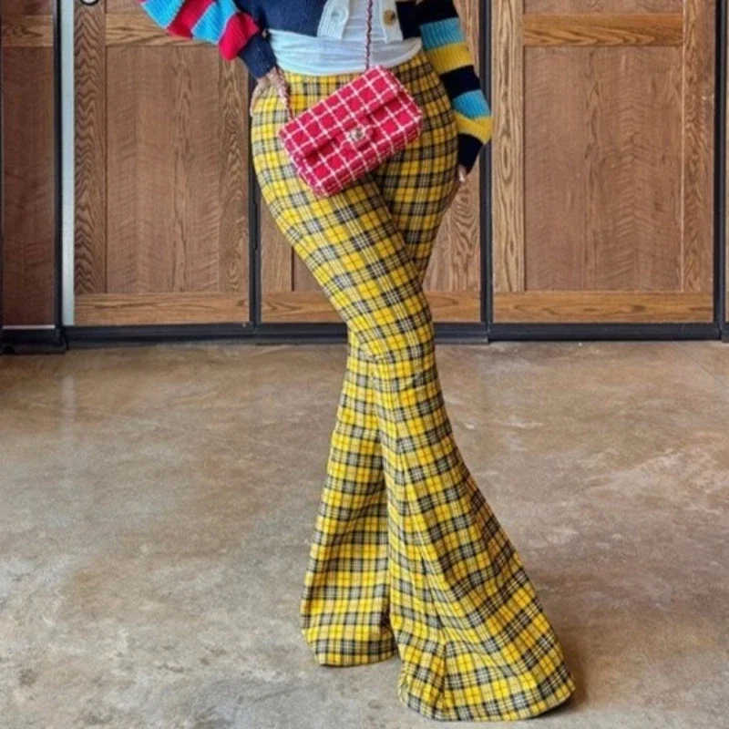 Y2k Women's Plaid Printed Tight Fitting Wide Leg High Waist Long Trousers Versatile Flared Pants 2025 Fashion Retro