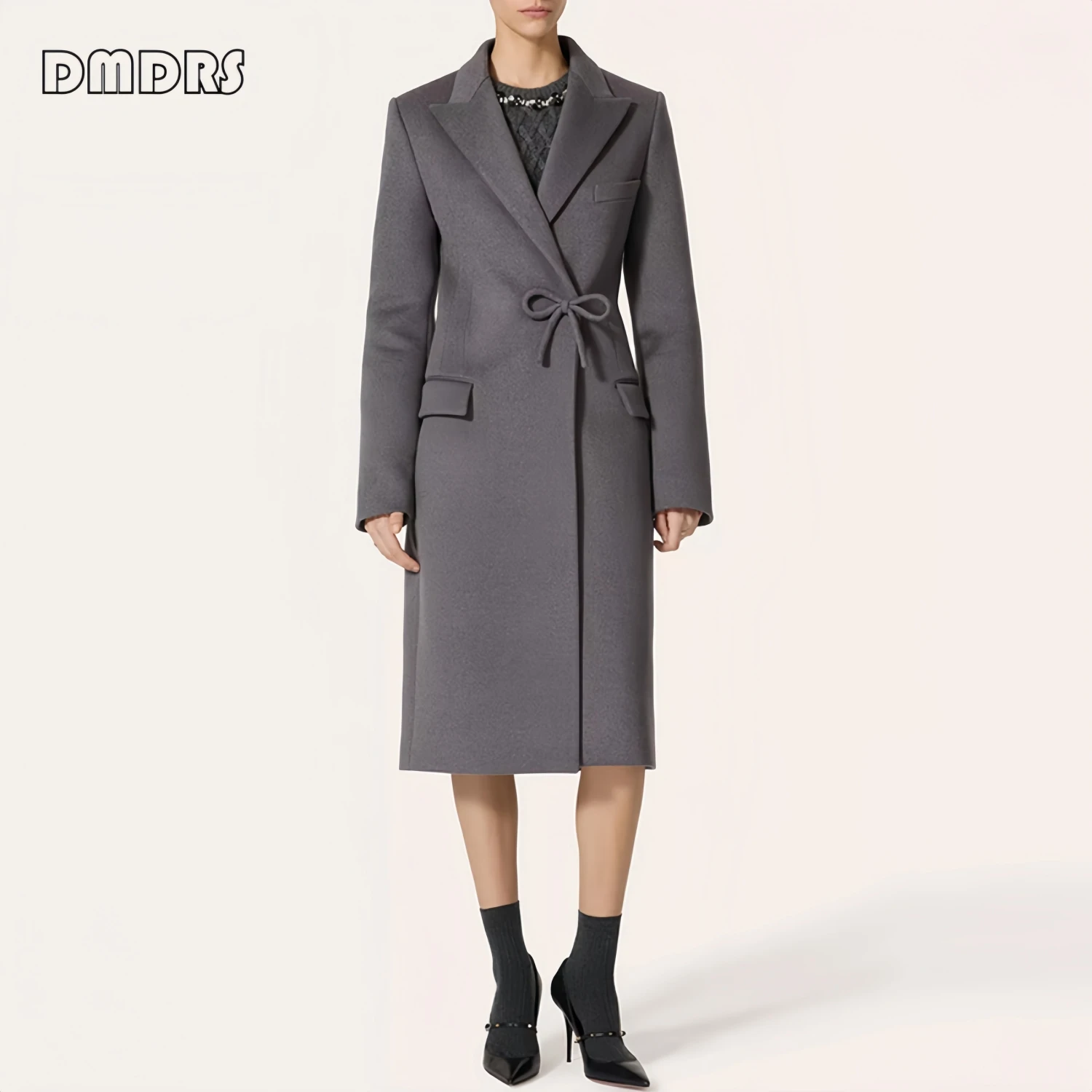 Long Woolen Cashmere Coat for Women, Cute Bow Decoration Autumn Coat, Versatile Outfit, Pageant Celebrity Long Suit Jacket