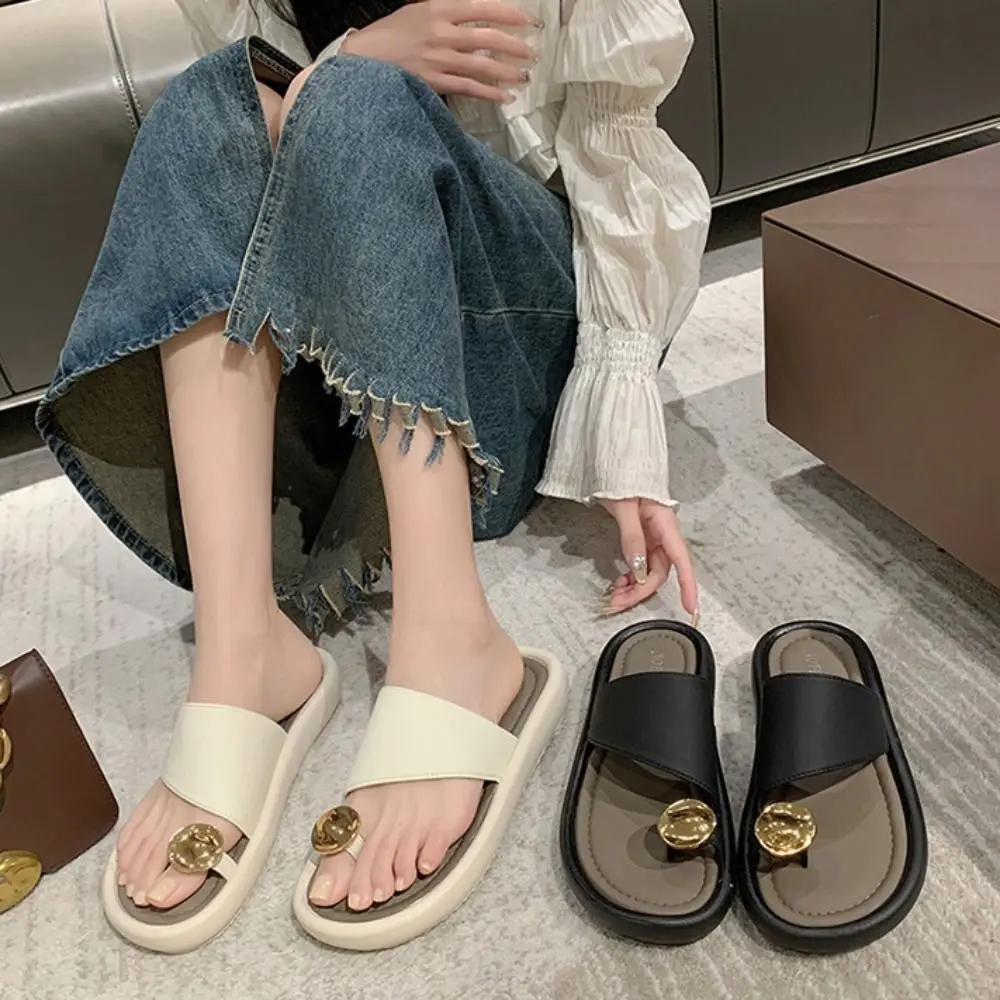 

Fashion Thick-soled Toed Slippers Women Non-Slip PVC Flat Bottom Slippers Beachwear Shoes PU Leather Slides Sandals Summer