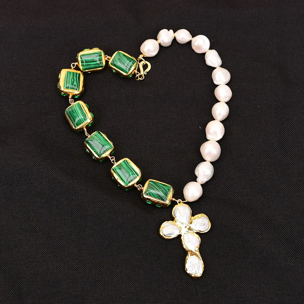 G-G Natural White Keshi Baroque Pearl Gold Plated Green Malachite Stone Necklace Coin Pearl Cross Pendant