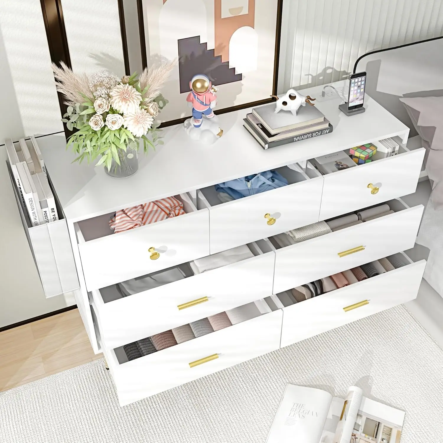 White Dresser for Bedroom, 7 Drawer Dresser with Charging Station, Wood Chest of Drawers with Gold Handles, Modern Dressers