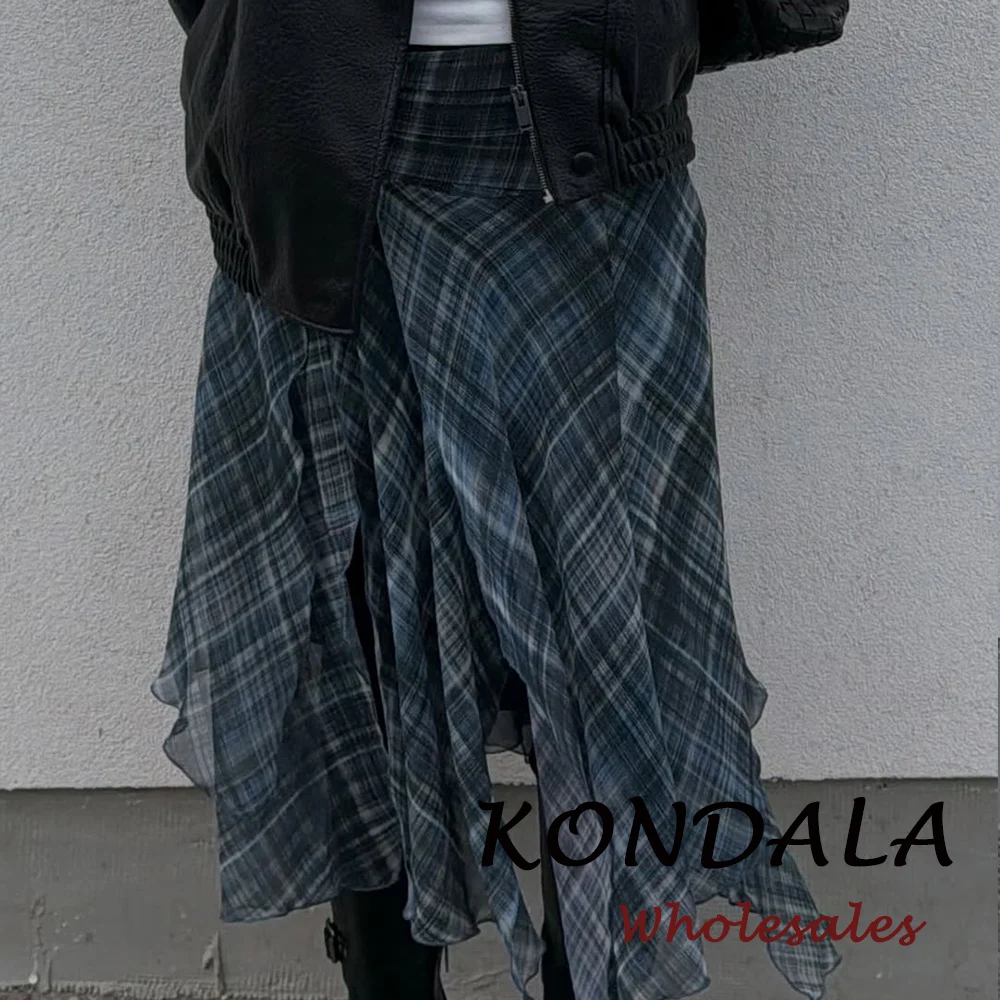 

KONDALA винтажная английская клетчатая уличная асимметричная женская юбка, мода 2025 года, карманы на молнии, драпированные женские плиссированные юбки трапециевидной формы с карманами