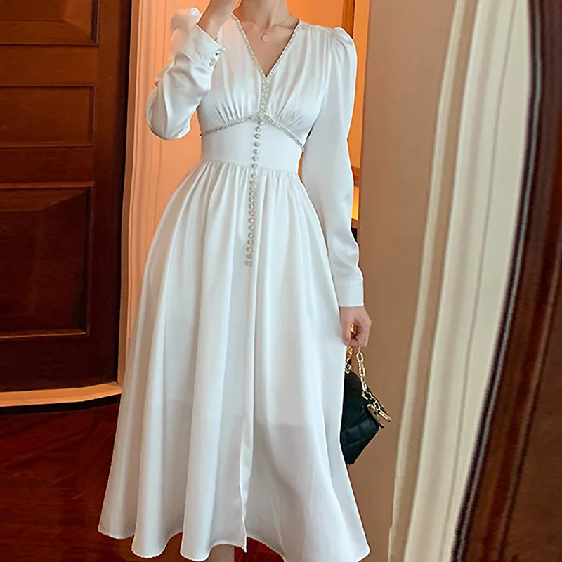 

2023 Autumn Women's Evening Dress French Retro Hepburn White Dress Long Sleeve Slim Elegant Party Dress