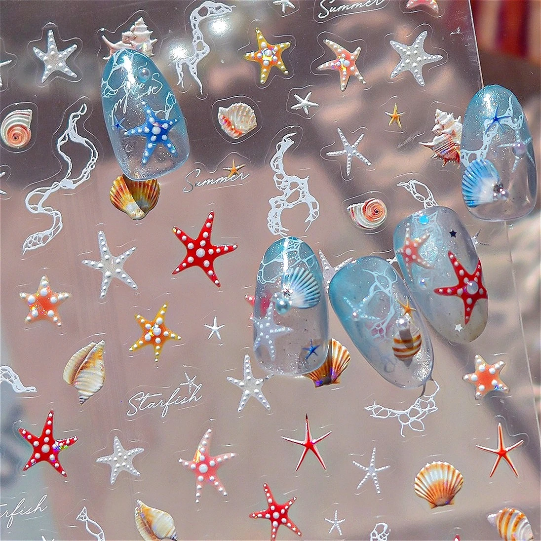 

Colorful Shell Conch Starfish Carp Jellyfish Goldfish Tropical Fish Water Bubble Summer Beach Sea Wave Nail Art Stickers Decals