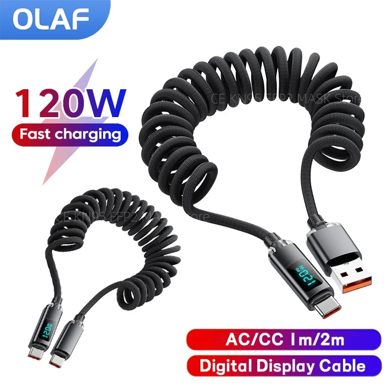 

120 Вт Автомобильный пружинный выдвижной кабель USB типа C к типу C Кабель для передачи данных с цифровым дисплеем USB C для Iphone 15 16 Samsung Xiaomi Huawei