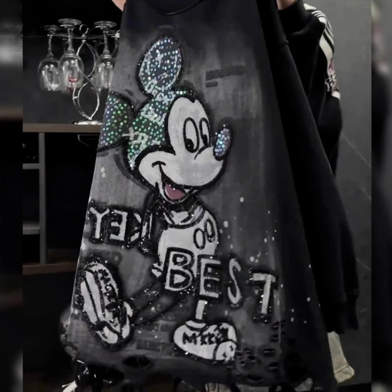 

2025 Plus Size Casual Pullover with Sequins | Cartoon Print & Distressed Detail Long Sleeve, Oversized Streetwear Top
