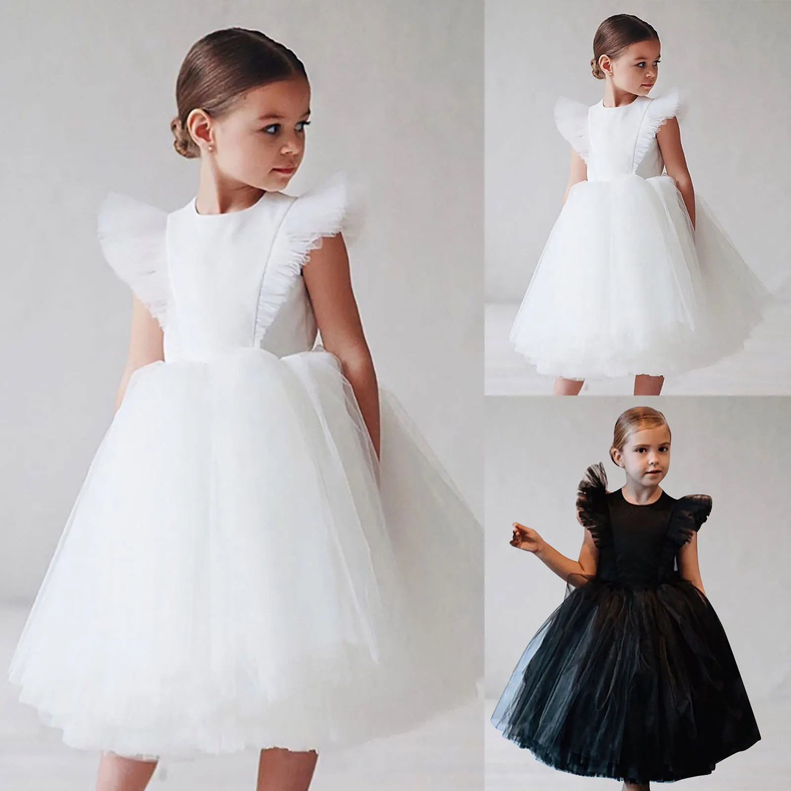 Girls White Cake Layers Dresses Kids Pull Sleeve Elegant Party Wedding Birthday Tutu Princess Vestidos Evening Formal Clothing