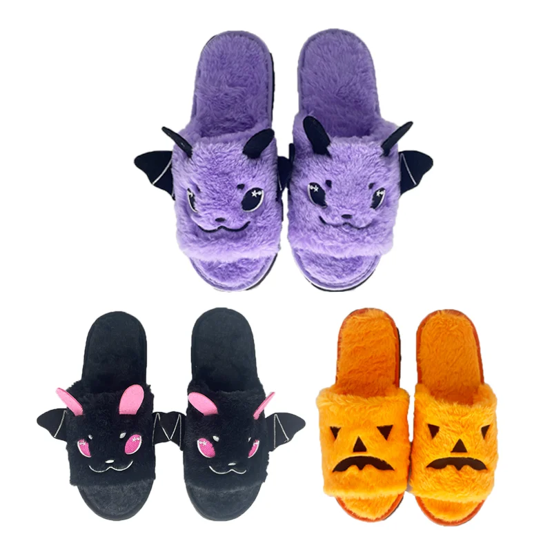 Highland Cow Halloween Bat Slippers Pumpkin Face Plush Slipper Men Women Warm House Funny Soft Fluffy Shoes Bedroom Flip-flops