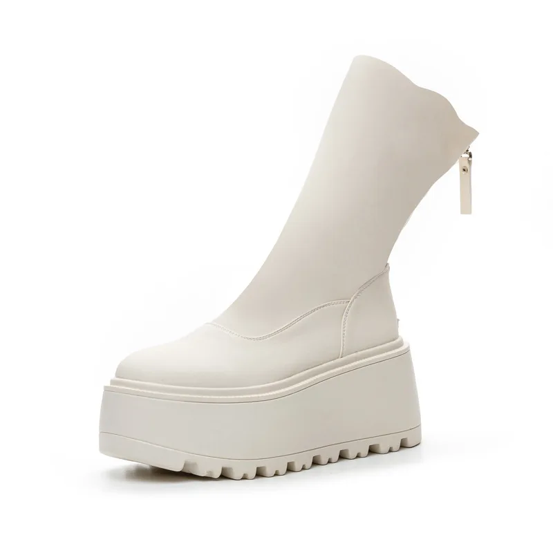 8 cm Echtes Leder Frauen Hohe Marke Mode Pumpen Heels Weiße Schuhe ZIP Erhöhen Casual Stiefeletten Plattform Keil Schuhe