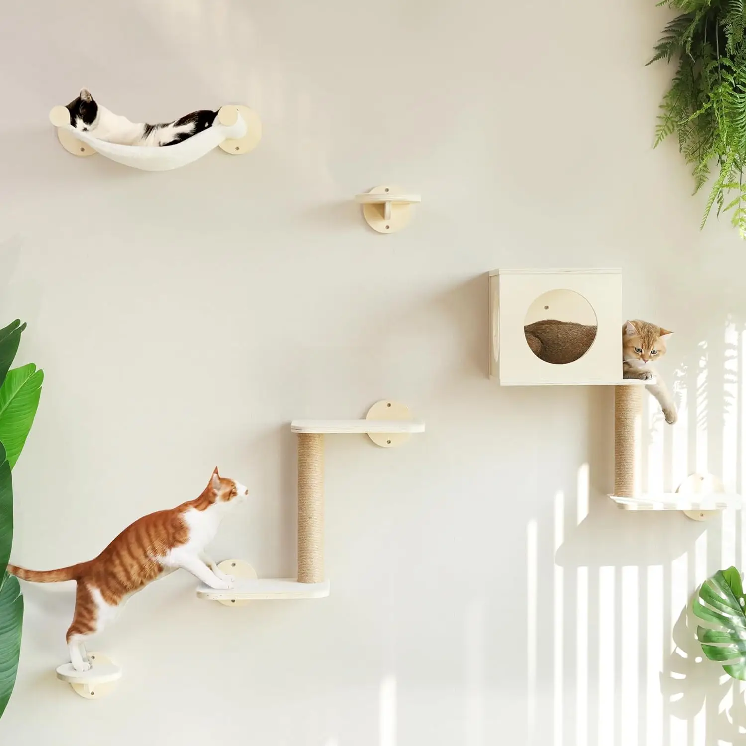 

5-Piece Wooden Cat Wall Shelves Set with Hammock, House, Steps, and Scratching Post for Space-Saving Climbing Fun