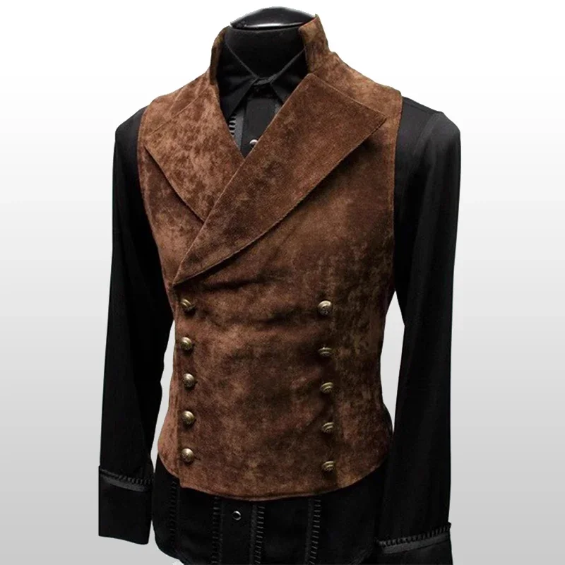 Fashion Men's Autumn Winter Suede Vest Stand Collar Retro Double Breasted Men Waistcoat Medieval Christmas Cosplay Costume