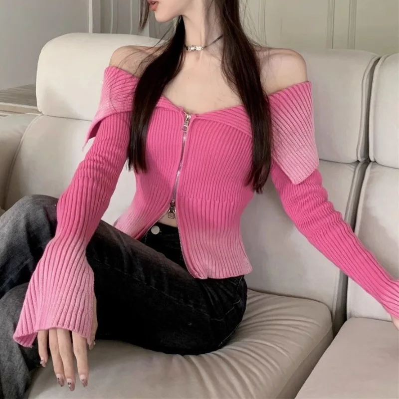 2024 Y2k Lapel Gradient Print Long Sleeve Cardigan Crop Top for Women Off Shoulder Knitted Ribbed Zip Up Sweaters Jumpers