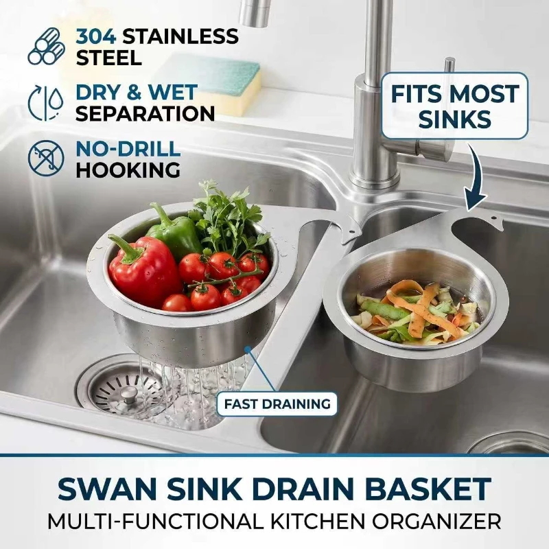 

Kitchen Sink Stainless Steel Detachable Swan Drain Basket Filter Screen Filter Residue Dry Wet Separation Storage Rack