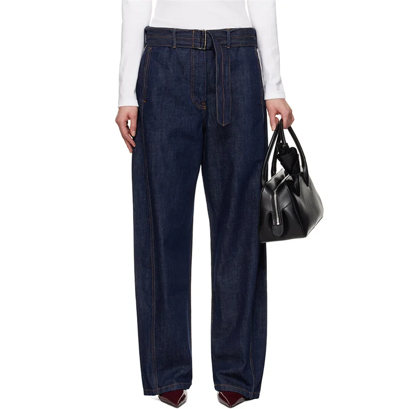 

Women's jeans 2025 summer New retro washed women's pants Belt decoration baggy jeans High quality pure cotton straight leg pants