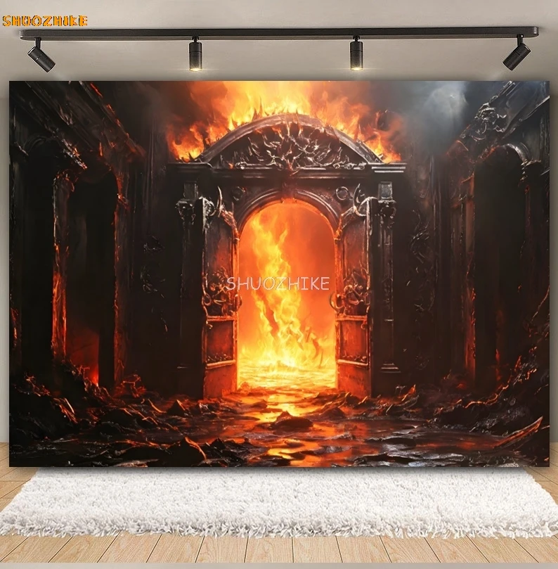 Hell Gate Hellfire Halloween Backdrop Horror Hell Flame Gate Grim Reaper Halloween Party Photography Background Photo Studio