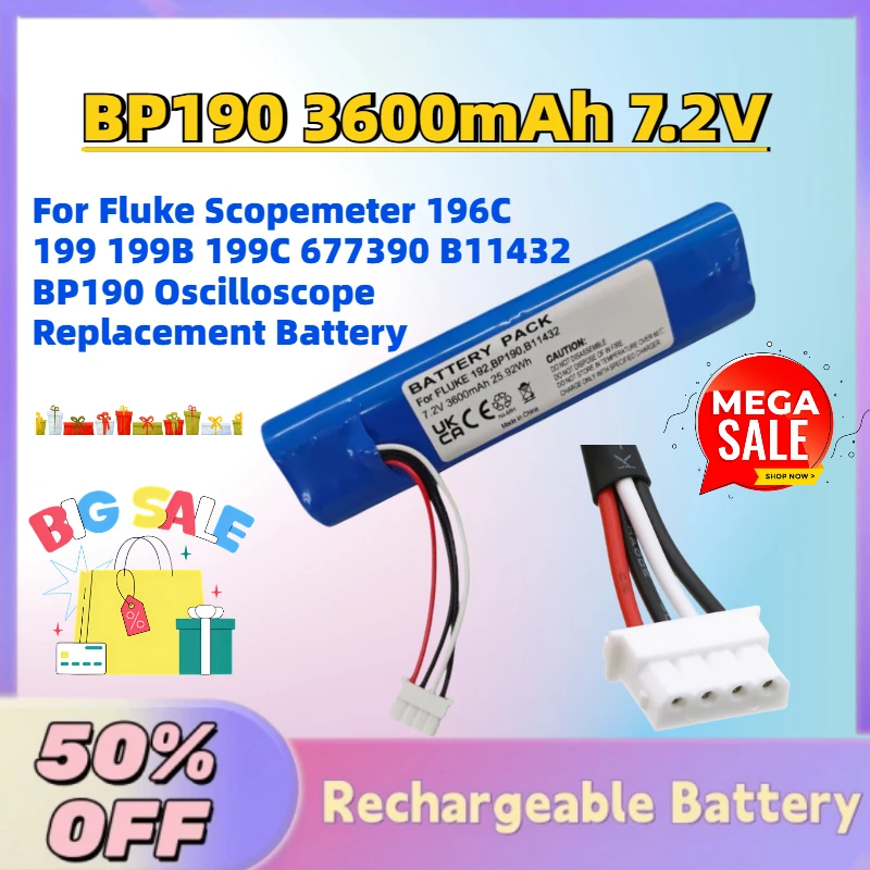 

Upgrade BP190 3600mAh 7.2V Battery for Fluke Scopemeter 196C 199 199B 199C 677390 B11432 BP190 Oscilloscope Replacement Battery