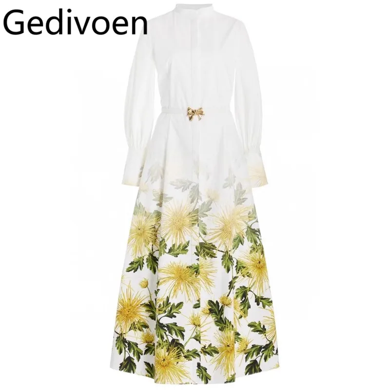 

Gedivoen Autumn and Winter Women's Dress Stand Collar Single-Breasted Lace-UP Lantern Sleeved Gradient Print Cotton Dresses