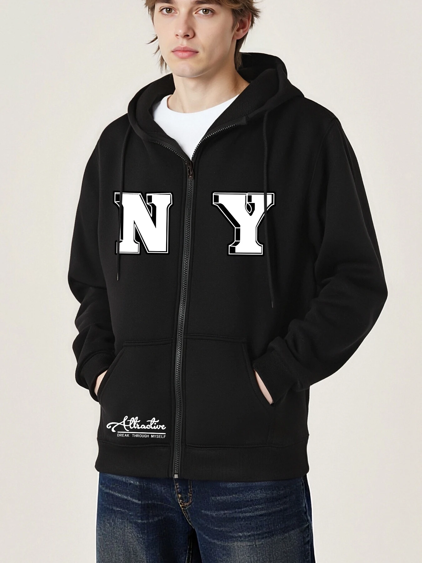 

Through Myself To New York Pattern Zipper Jackets Male Fashion Fleece Hoodies Autumn Loose Pullovers Casual Long Sleeve For Men
