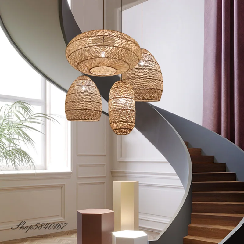 Handmade  Vintage Rattan Lamp Suspension Dining Room Pendant Lights Retro Luminaire For Living Room Restaurant Cafe Hanging Ligh