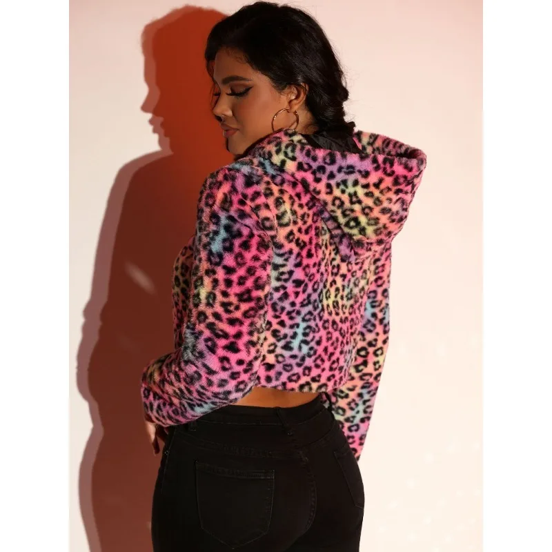 Modny i spersonalizowany płaszcz jesienno-zimowy, nowy damski płaszcz futrzany z grubą podszewką z bawełny imitującej futro w panterkę.