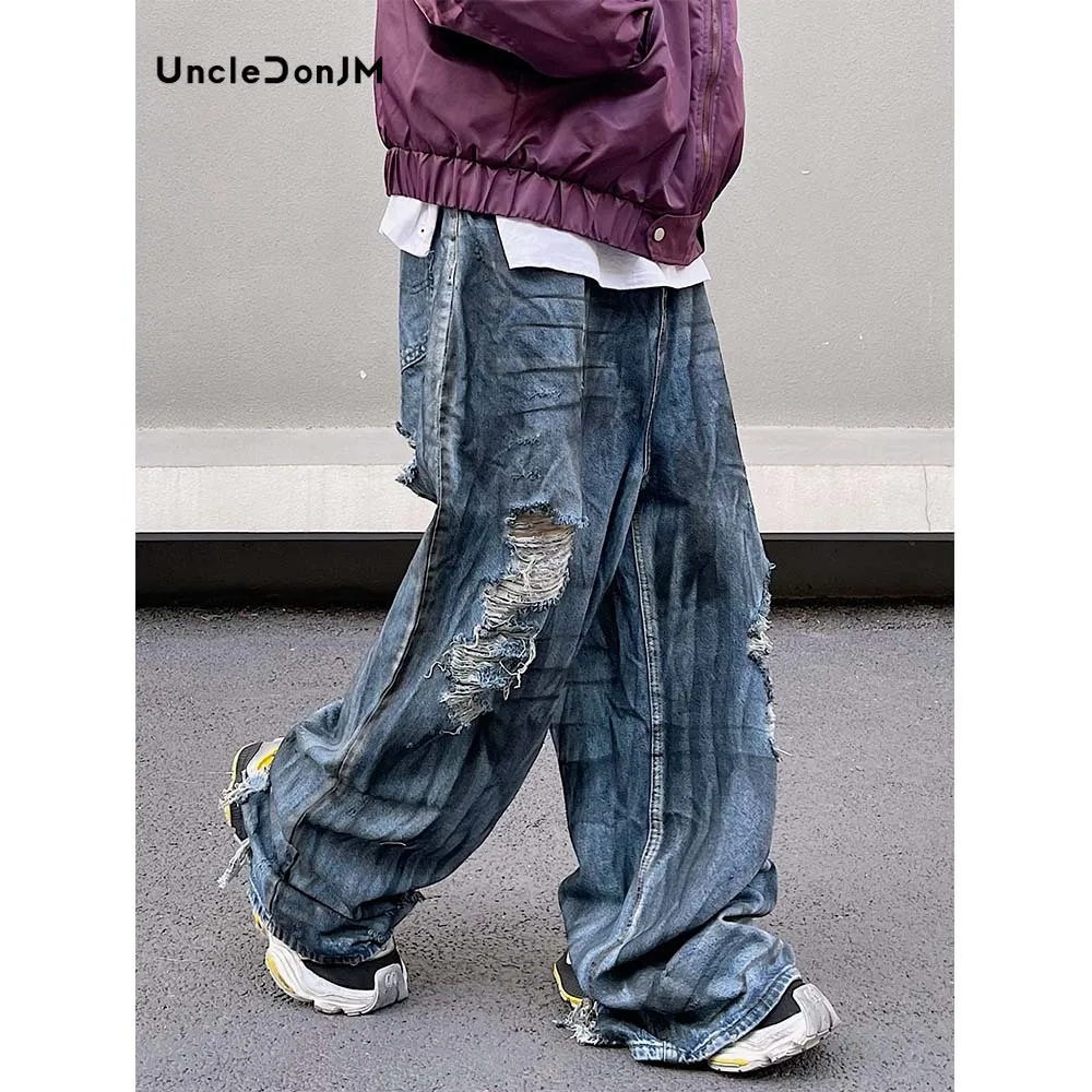 Perforated Silhouette Jeans Men's Street Wear Ripped Baggy Jeans Distressed Wide Leg Jeans