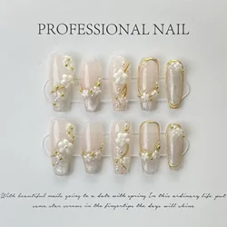 10Pcs Press on Nail Tips Full Cover With Designed Flower Decor Fake Nail Handmade Wearable Long Ballerina Korean Nail Art