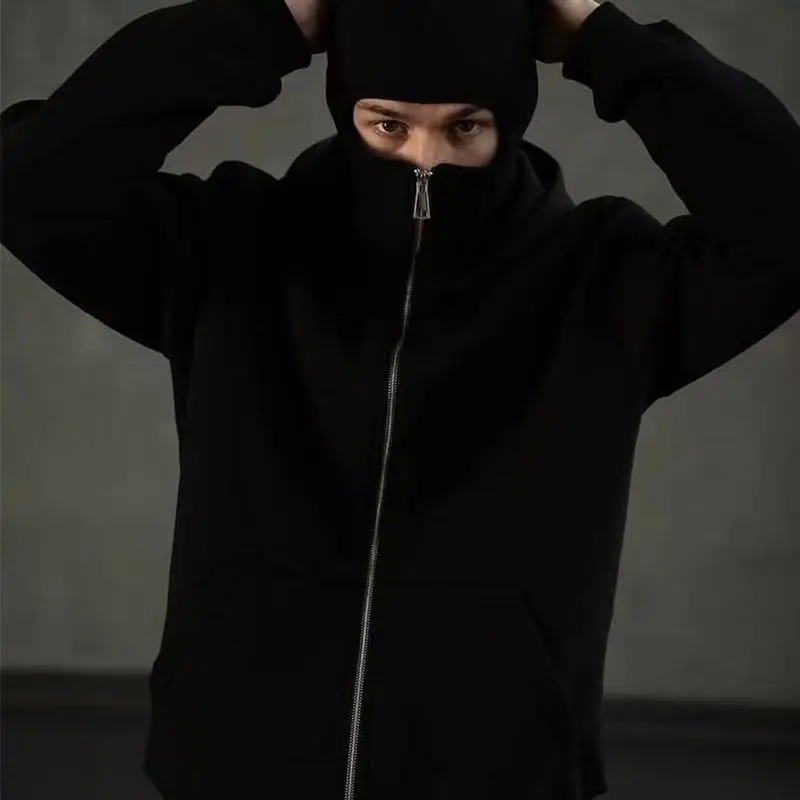 Y2K Hooded Face Mask Zipper Design Sports Jacket Balaclava Men Zip Hoodie Warm Casual Jacket Sweatshirt Outdoor Coat Clothing