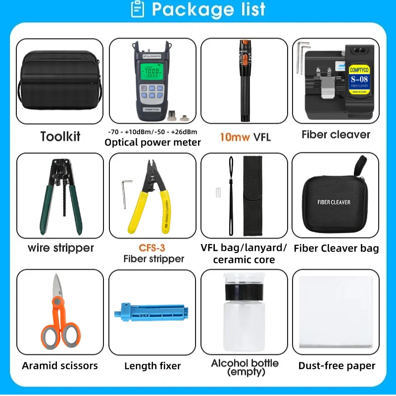 FTTH Fiber Optic Tool Kit With S-08 Fiber Cleaver Optical Power Meter Fiber Stripper Aramid Scissors 10mw Visual Fault Locator