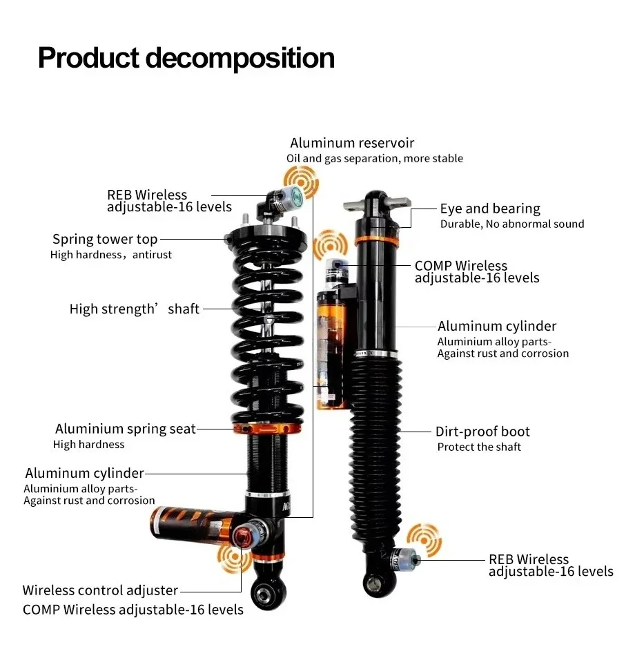 New WranglerJK Wireless Compression and Rebound Adjustable Suspension Shock Absorber with 2-Year Warranty and Universal Fitment