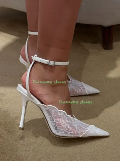 Lace Gold Color Blocking Hollow Out Women's High Heels Pointed Stilettos One-Strip French  For Banquets Manual Luxury Footwear