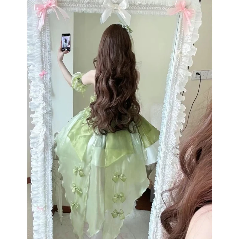 Green Lolita Neck Short Dress Womens High Waist Slim Sweet Off-The-Shoulder Princess Birthday Dress Ladies Wedding Party Dress