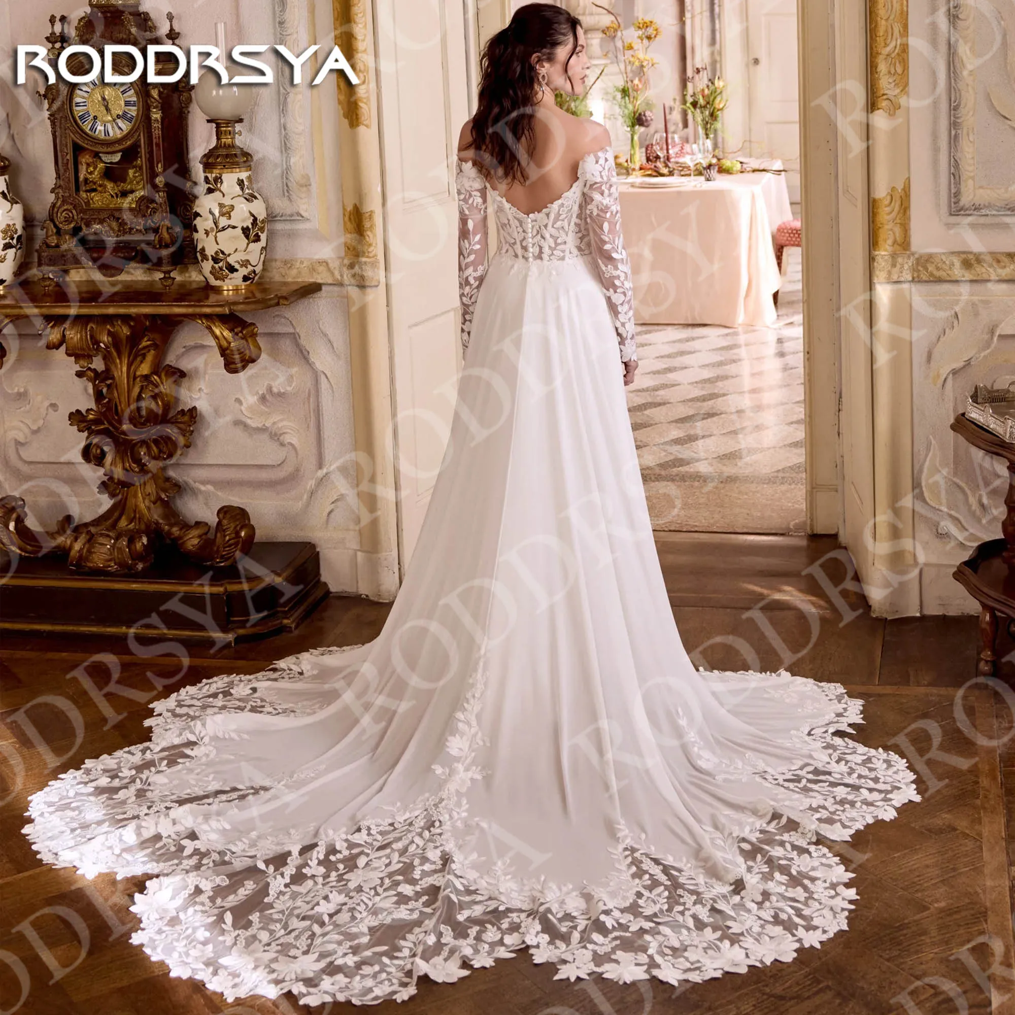 RODDRSYA فستان زفاف على شكل حرف A بأكمام طويلة للنساء رومانسي بدون أكتاف دانتيل بفتحة عالية فساتين زفاف مخصصة فيستدو دي نوفيا خط فستان زفاف طويل الأكمام امرأة رومانسية قبالة الكتف الدانتيل عالية الشق فساتين العروس مخصص
