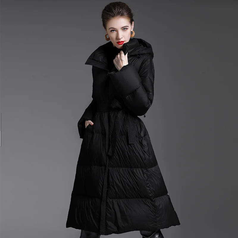 Luxury Brand High-Quality Long Down Jacket Winter Warmth Women's Slim-Fit Puffer Jacket Belted Design Cold-Resistant Coat Hooded