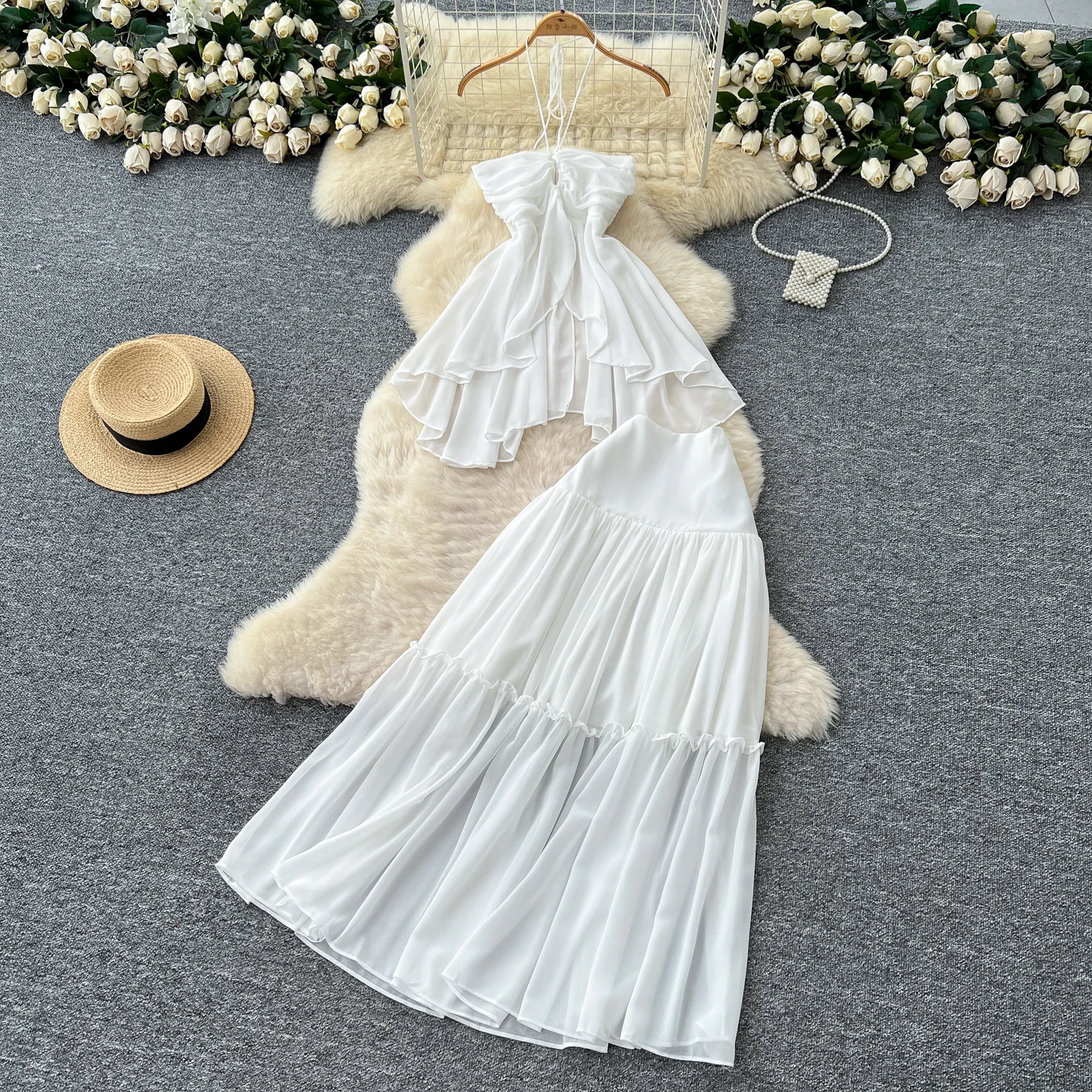 

Chic vintage sleeveless off shoulder solid dress Elegant Fairy korean fashion women clothing dress Two Piece Set