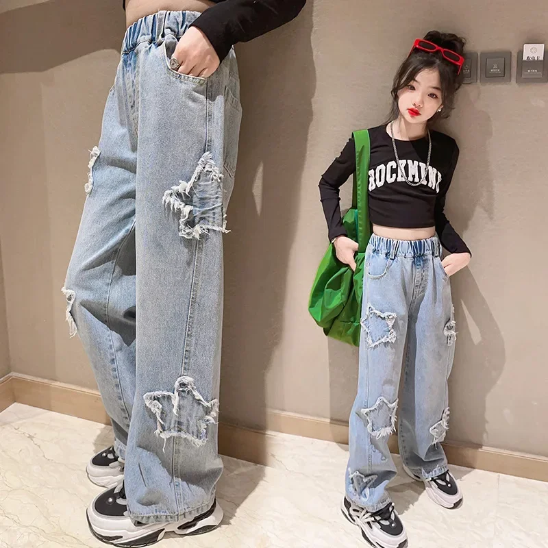 Girls Jeans 2024 Spring New Paste Cloth Five-pointed Star Wide Leg Pants Kids Trendy Teenage Children's Trousers 8 10 12 Years