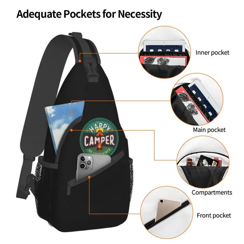 Mochila Crossbody Sling para homens, Cool Happy Camper, Sacos de peito de ombro para viajar, acampar, acampar, acampar, não completo