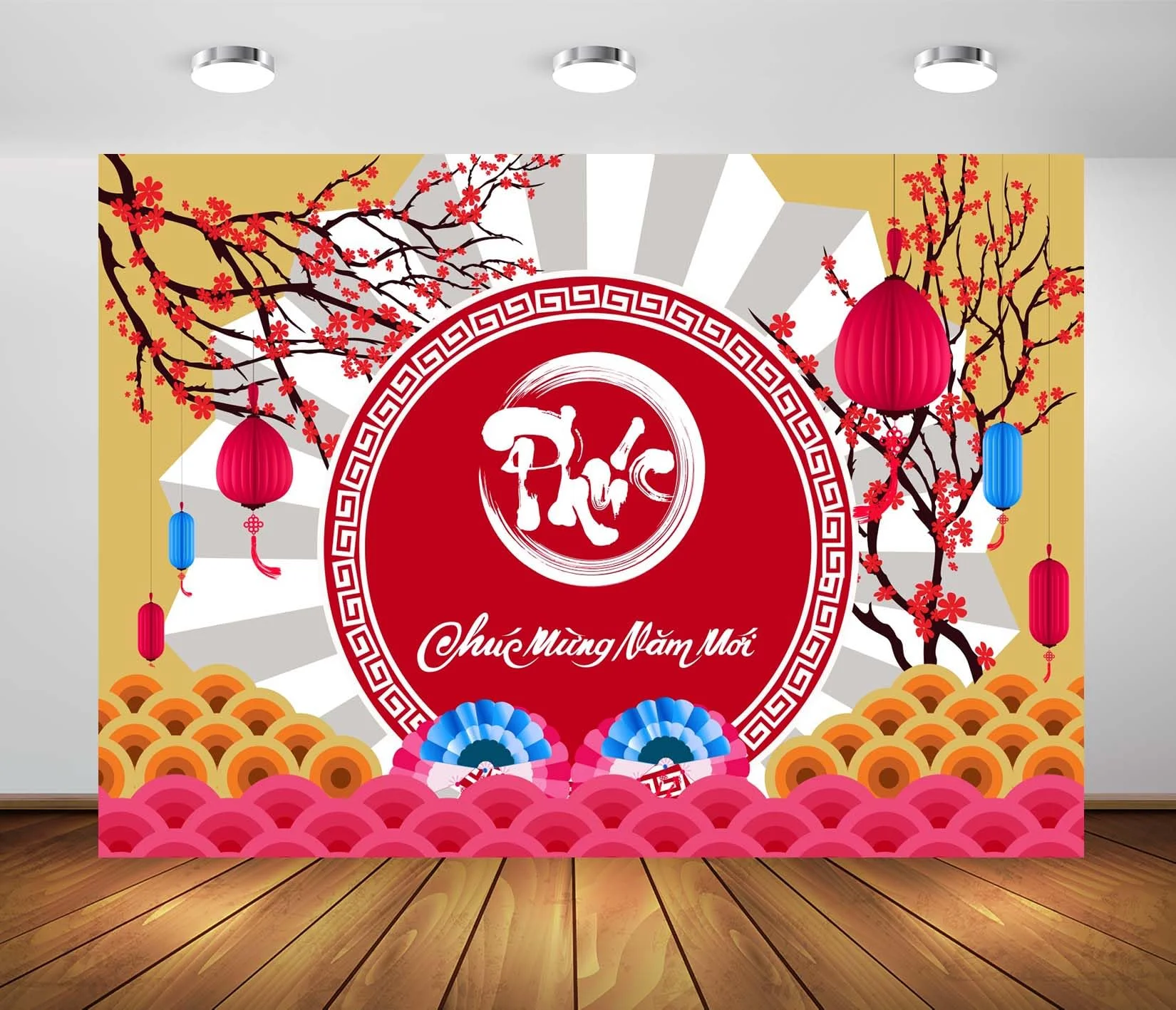 Happy Vietnamese Backdrop TET Cherry Blossoms Lanterns Lunar New Year Background Asian New Year Party Decorations Holiday