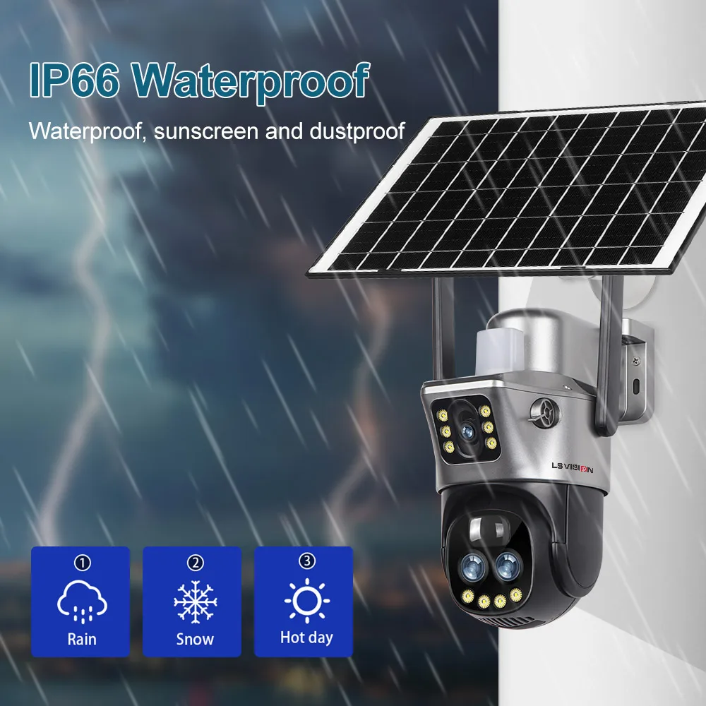 LS VISION 12MP 4G/WiFi 태양광 카메라 듀얼 스크린 3렌즈 10배줌 야외 감시 카메라 PIR 인체 자동 추적 V380 Pro