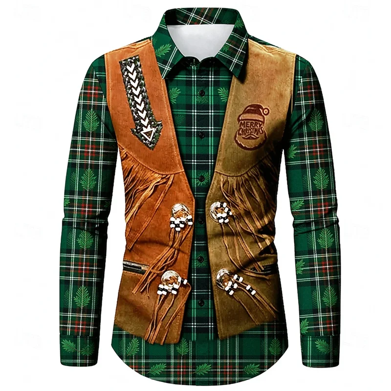 New men's Christmas shirt with Scottish bead arrowhead rivet buckle retro western style slim fit trendy men's shirt