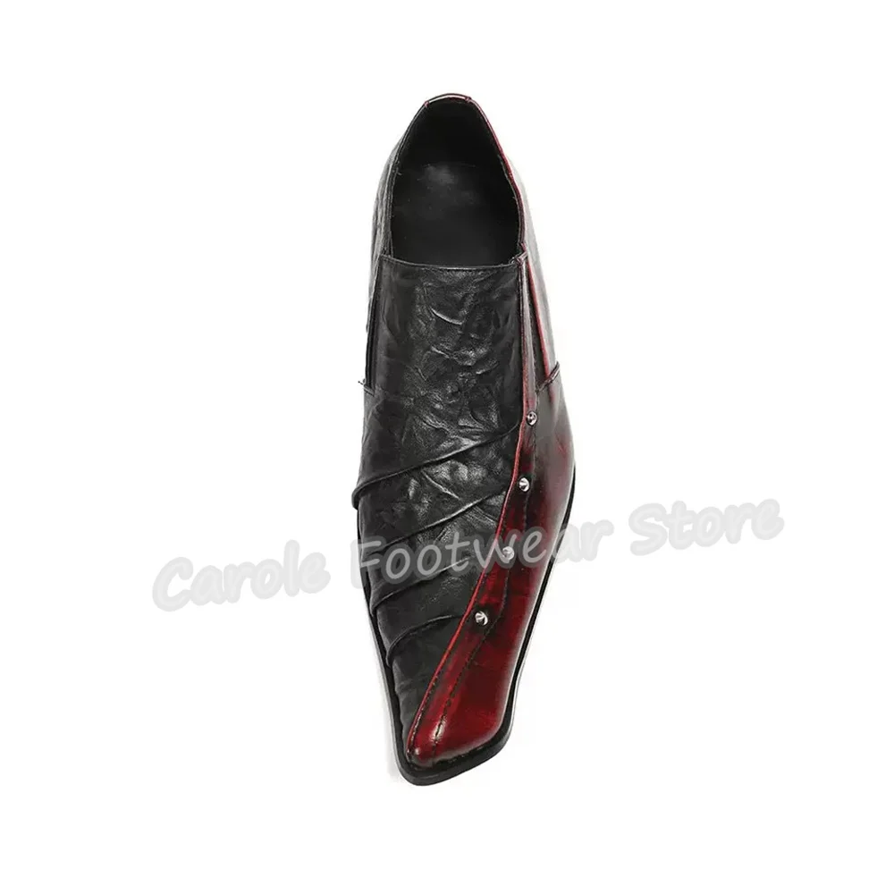 Male Square Toe Chunky Heel Genuine Leather Loafers Punk Rivet Mixed Color Slip On Dress Shoes British Style Business Oxfords