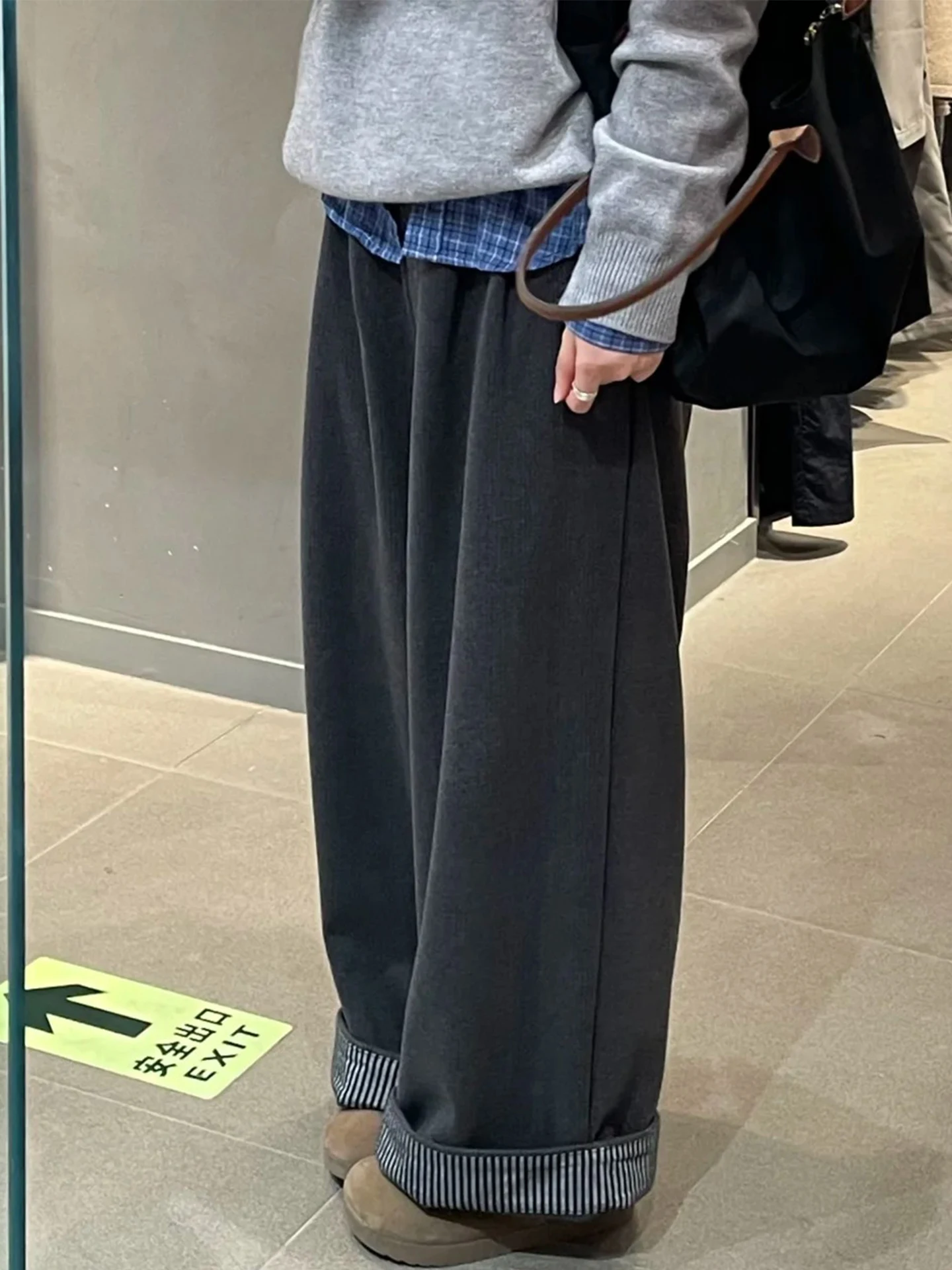 Retro ey Plaid Wide Leg Pants Women's Autumn Winter Fce Lined Thiened Warm Loose Fit Straight Cut Slimming Pants