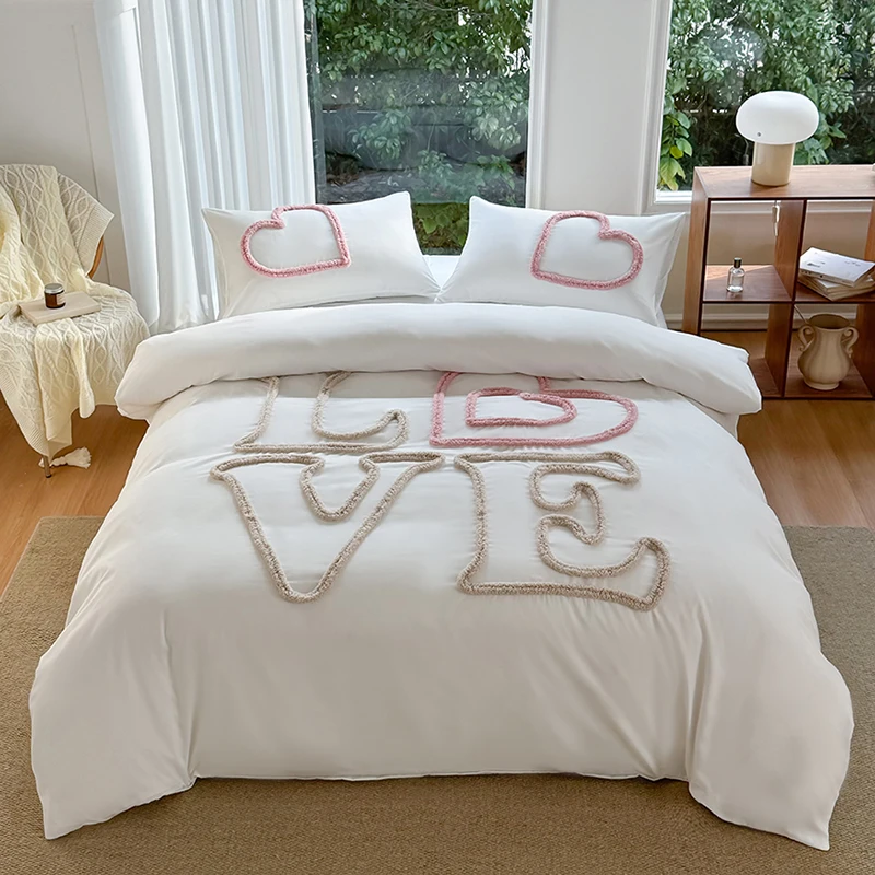 New Love Letter Tufted Couples Duvet Cover Set Simple Tufting Loves Bedding Set Queen Soft Skin-Friendly Quilt Cover Pillowcases