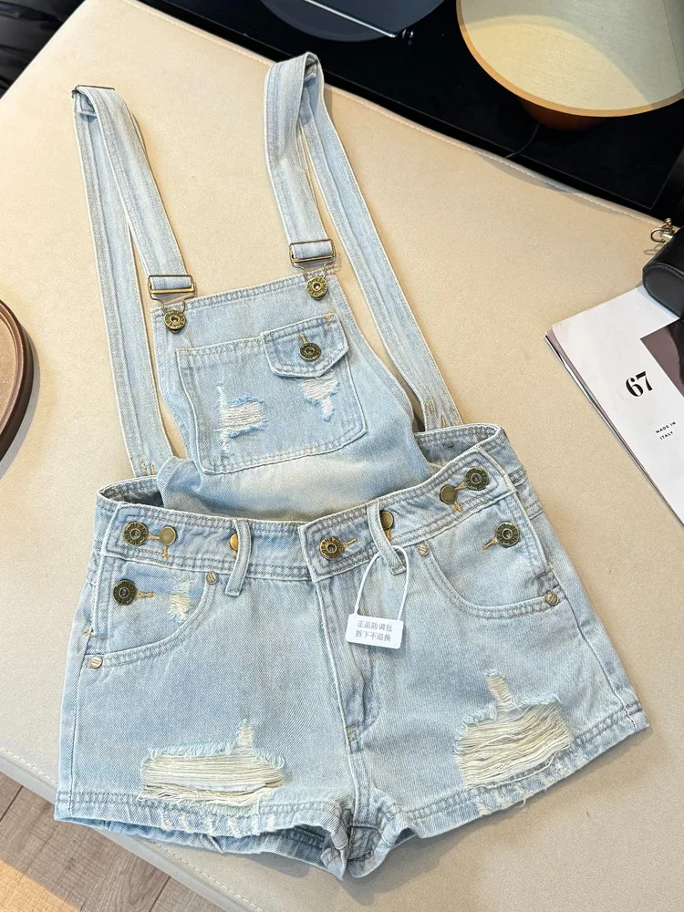 

American Style High Waist A-Line Denim Shorts Women's Summer New Arrival Two-Way Wear Detachable Straps Two-Piece Set