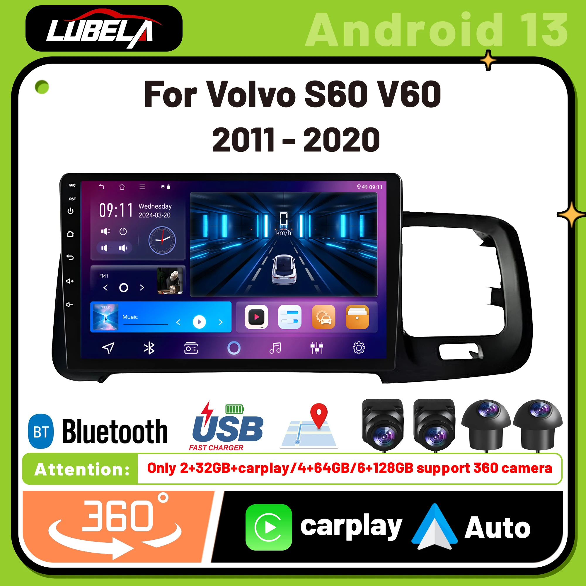 

Android 13 For Volvo S60 V60 2011 - 2013 Multimedia Navigation GPS Video Auto radio Player Car Stereo Carplay 360 camera 4G DVD