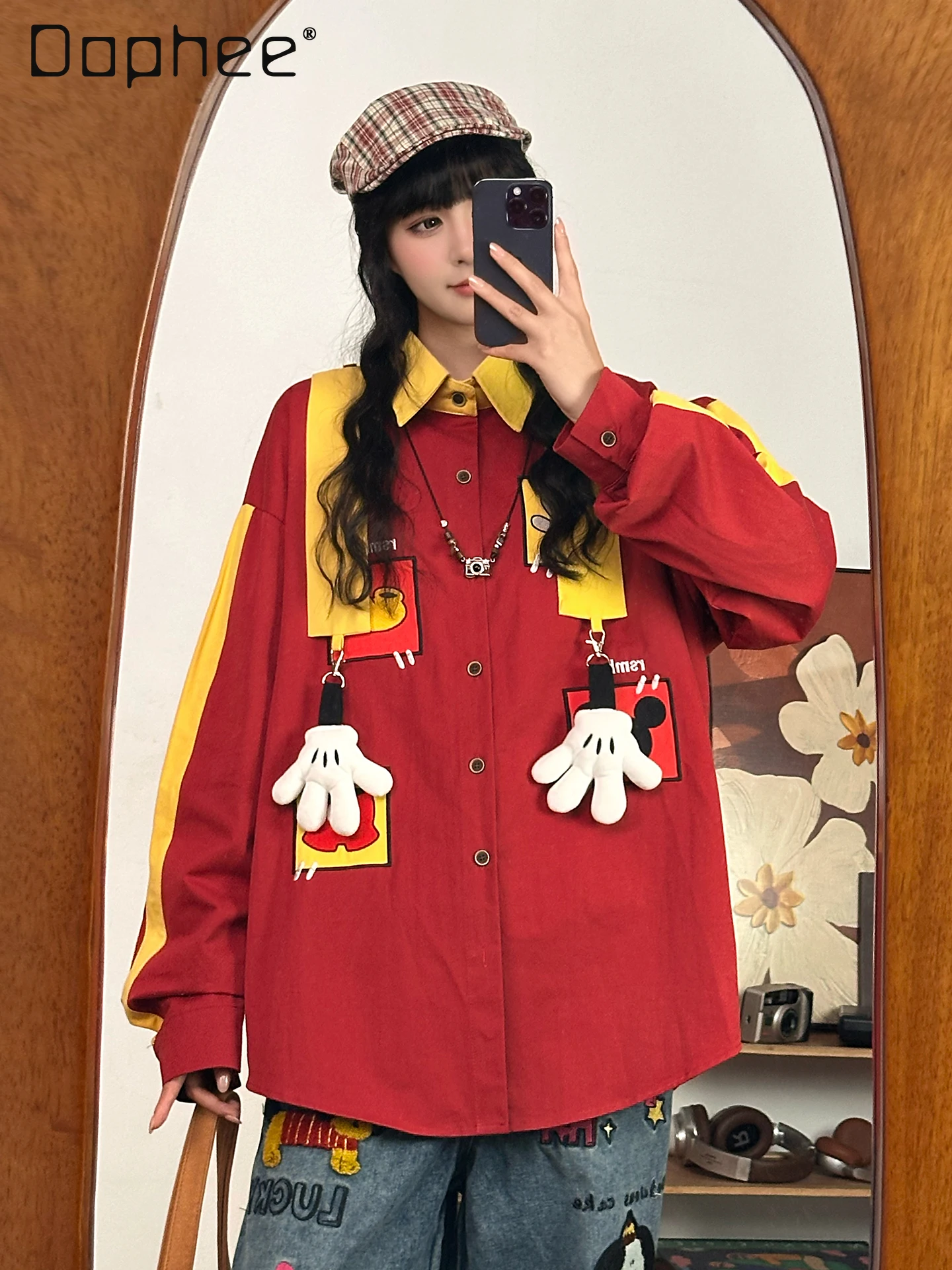 

Женская рубашка с длинными рукавами и вышивкой в американском стиле ретро с 3D пальцами, осенний дизайн, свободный повседневный топ в студенческом стиле